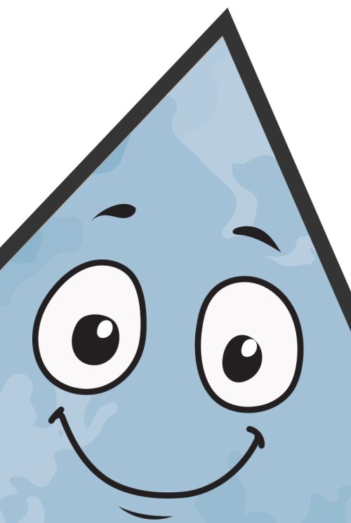 Carton of a water droplet with a smiling face