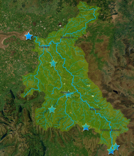 Map of Cumbria showing the boundary shape of the Eden catchment in green