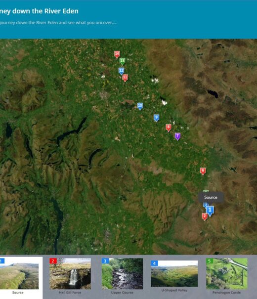 Screenshot of the home page of a website with a map showing the River Eden with coloured markers along it.