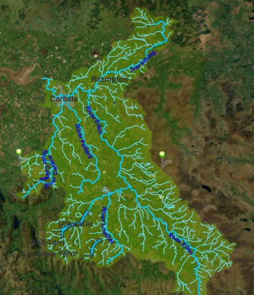 Map of Cumbria showing the boundary shape of the Eden Catchment