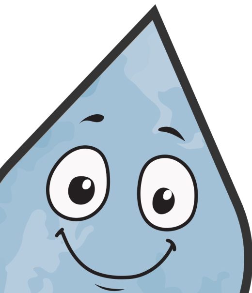Carton of a water droplet with a smiling face