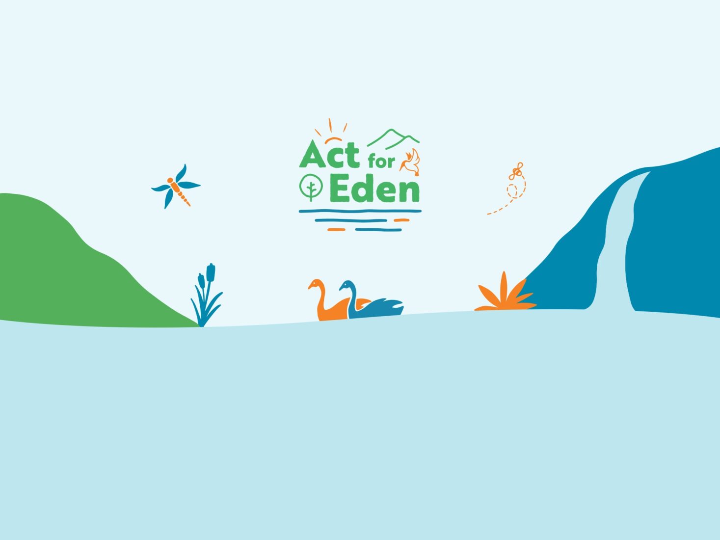 Graphic illustration of ducks swimming on water. A logo on the image reads: