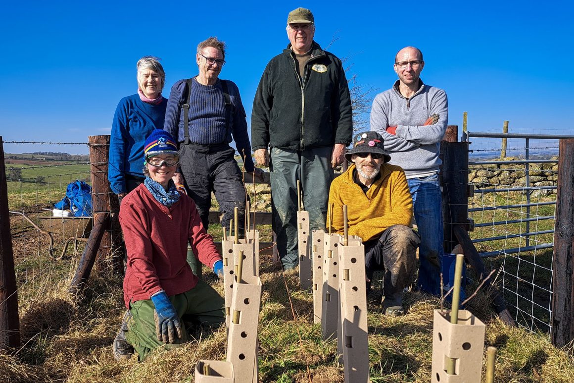 A group of people are standing behind two columns of wooden square tubes. Inside each tube is a sapling.
