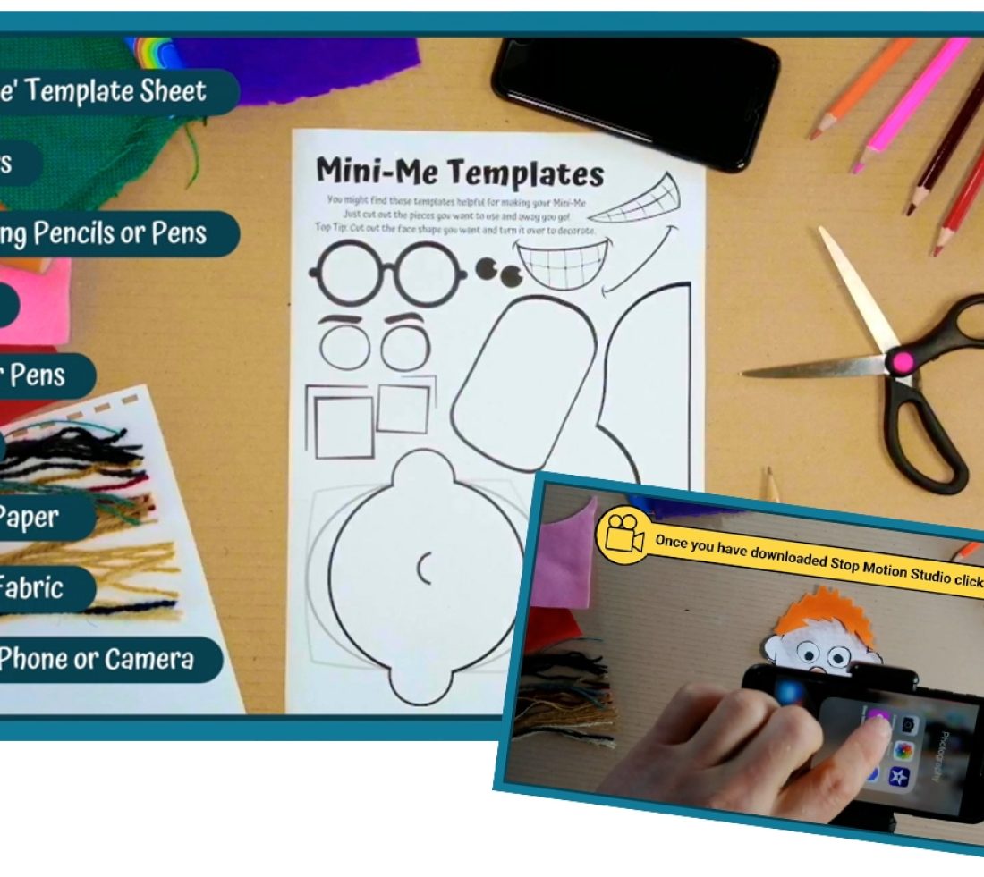 A collection of items and tools required to make the templates needed to create a scrap motion movie. Items shown include scissors, paper templates and coloured pencils.