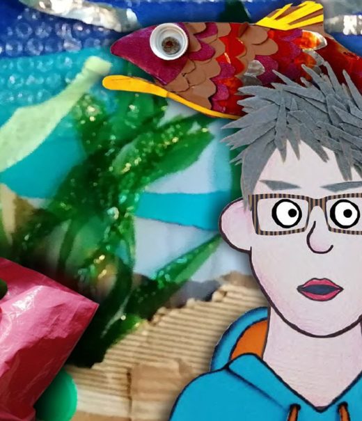 montage of scrap elements featuring scrap cut out of young man in from of a montage of scrap paper pieces depicting an underwater scene with fish, weeds and riverbed.