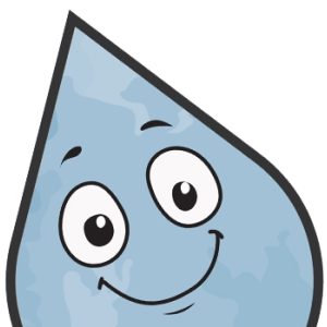 Cartoon water droplet, smiling.