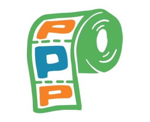 Carton toilet roll with three letter P's on it.