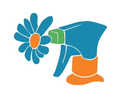 Cartoon top of a cleaning bottle with a trigger. liquid in the shape of a flower head is being squirted out.