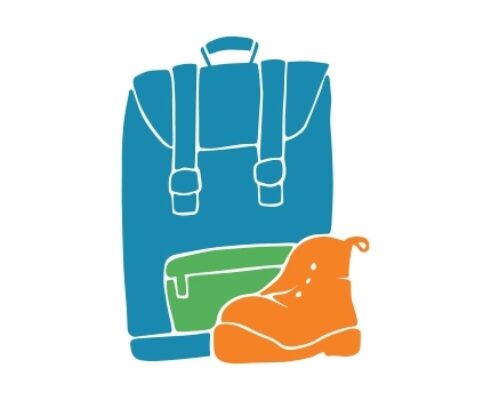 Cartoon rucksack and walking boots.