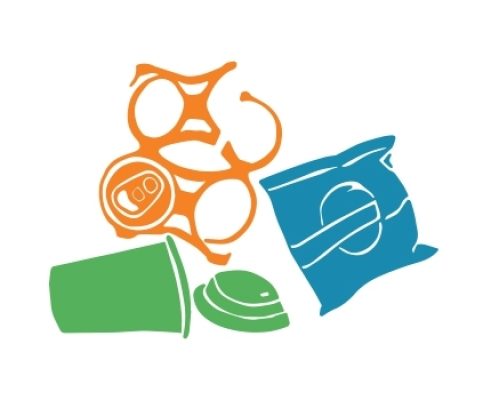 Cartoon of various items of plastic litter.