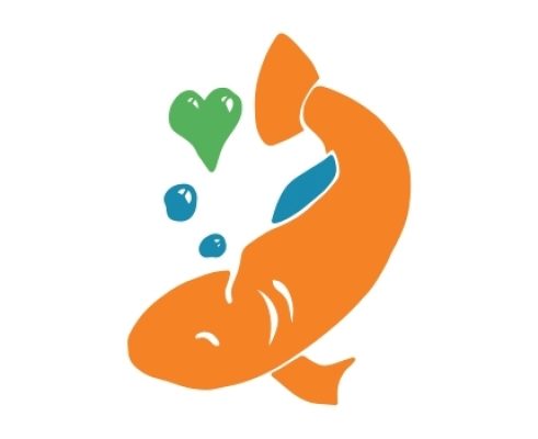 Cartoon fish with a green heart bubble.