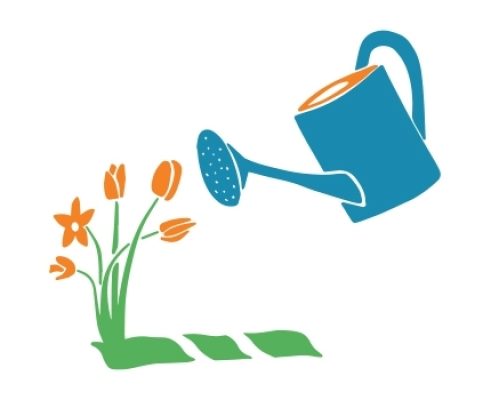 Cartoon watering can and flowers.