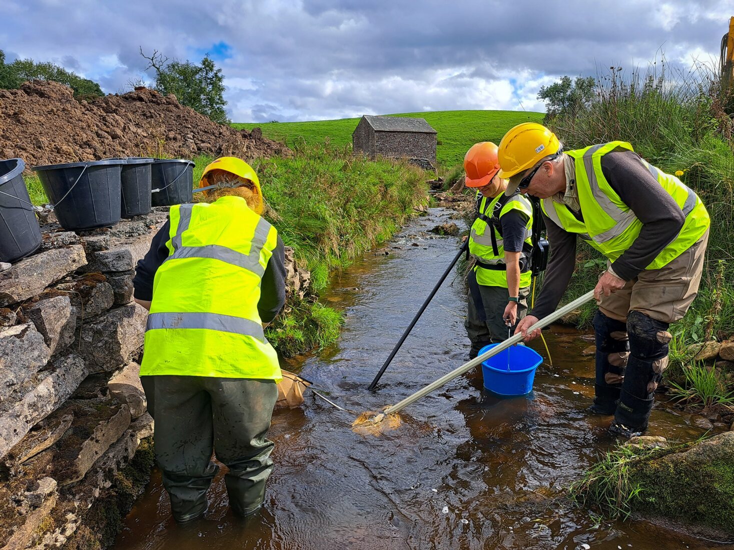 Three men in hi vis jackets and hard hats stood in shallow water channel with nets and buckets.