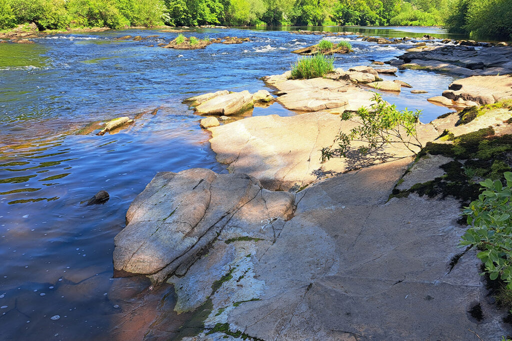 River Eden. In the foreground can see limestone rocks jutting into the water.