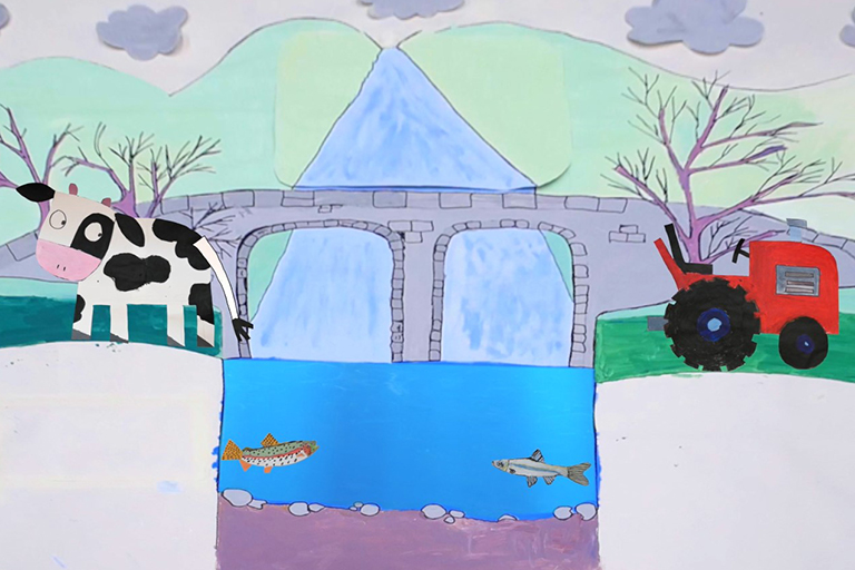 cartoon cow and river
