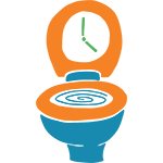 Drawing of a toilet with a clock in the seat lid